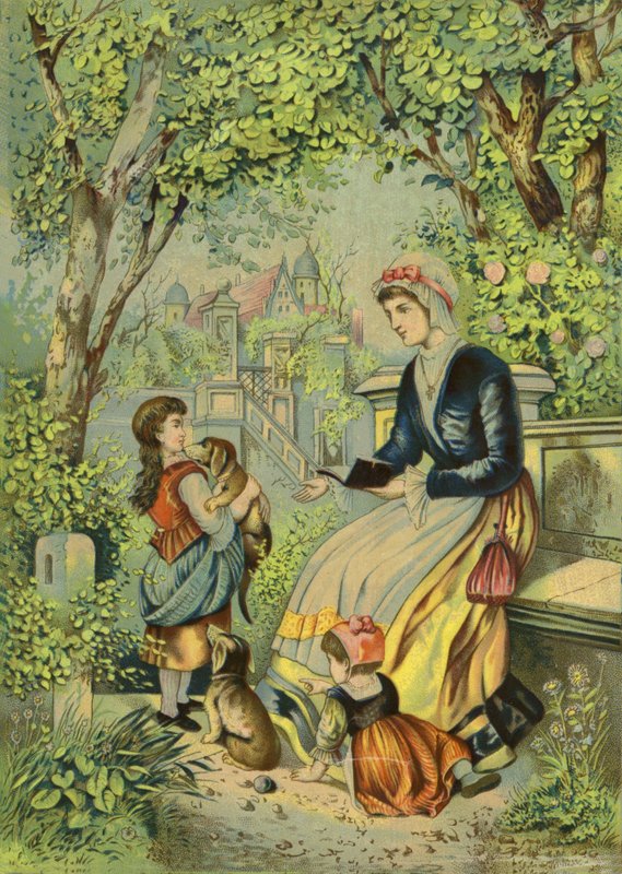 Mother playing with children and dogs by French School