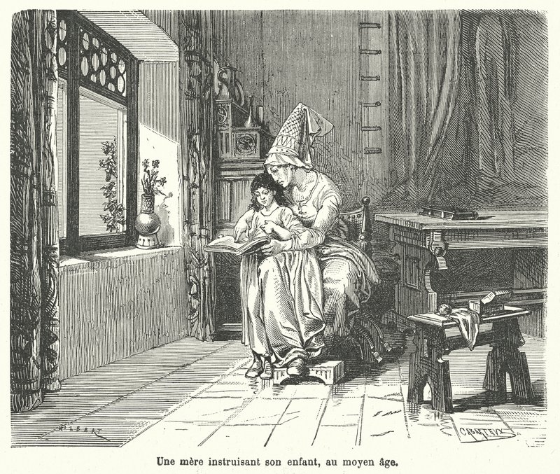 Mother teaching her child in medieval times by French School