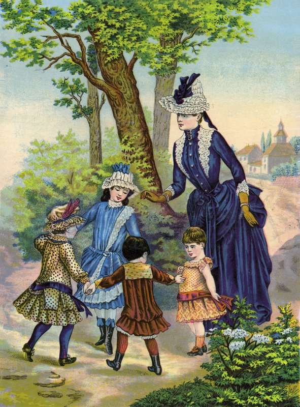 Mother with children playing in the country by French School
