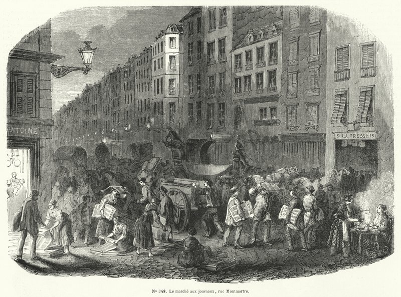 Newspaper Market, Rue Montmartre, Paris (engraving) by French School