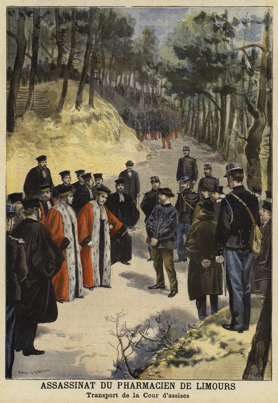 Officers of the court visiting the scene of the murder of Mr. Kauffmann, a pharmacist from Limours, near Royat, France, 1897 by French School