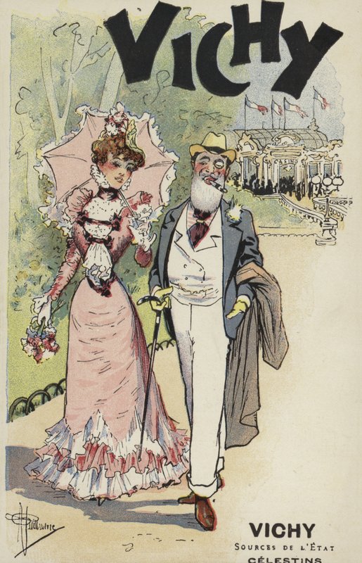 Old man and young girl walking, advertisement for Vichy by French School