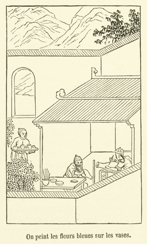 Painting Blue Flowers on Vases (engraving) by French School