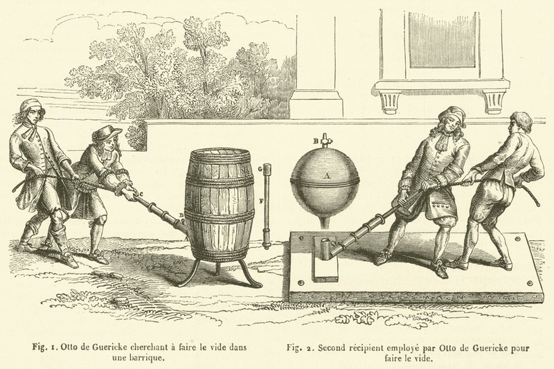 Otto von Guericke Trying to Create a Vacuum in a Barrel, Second Vessel Used by Otto von Guericke to Create a Vacuum (engraving) by French School