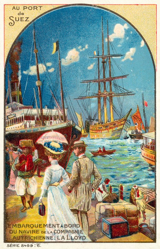 Passengers boarding a ship of the Austrian Lloyd line at the port of Suez, Egypt by French School