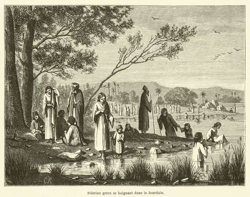 Greek Pilgrims Bathing in the Jordan (engraving) by French School