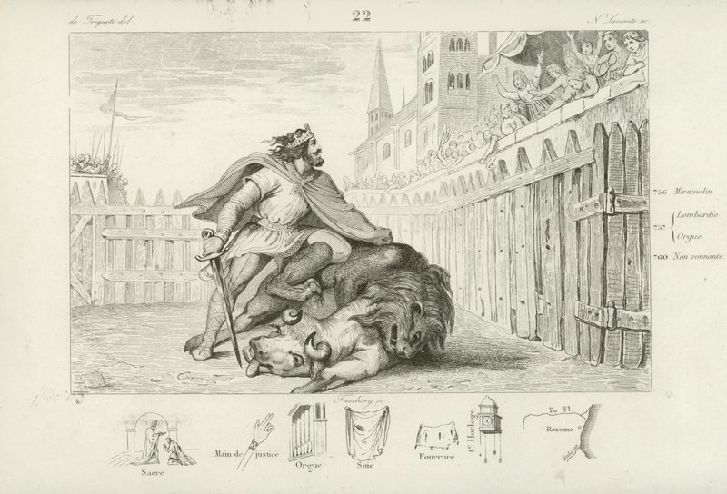 Pepin the Short kills a lion and a bull by French School