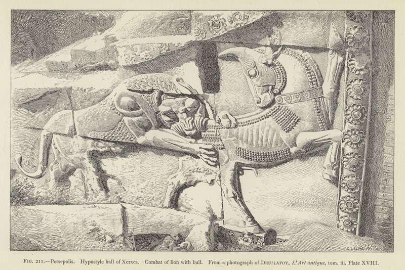 Persepolis, Hypostyle Hall of Xerxes, combat of lion with bull by French School
