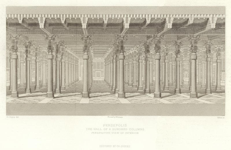 Persepolis, Hall of a Hundred Columns, perspective view of interior, restored by Ch Chipiez by French School