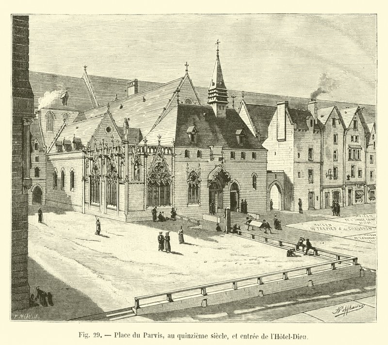 Place du Parvis in the Fifteenth Century, and Entrance of the Hotel-Dieu by French School