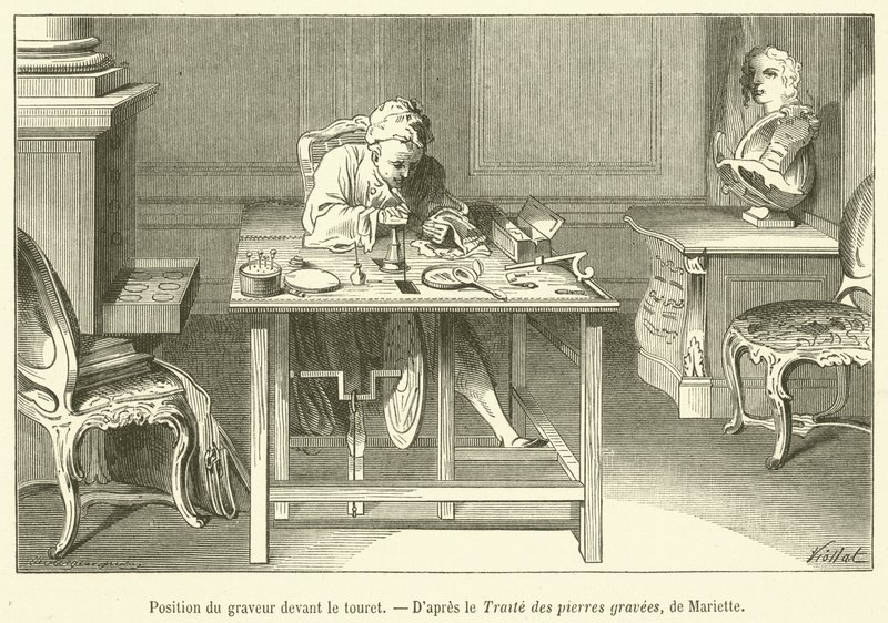 Position of the engraver in front of the grinding wheel by French School