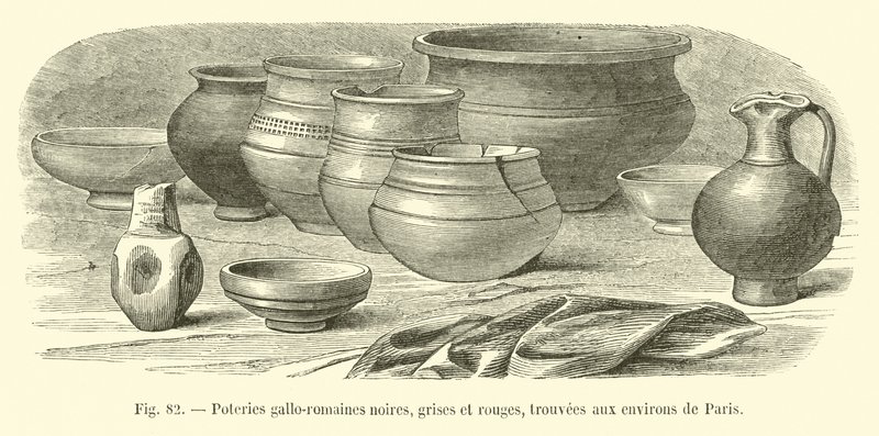Gallo-Roman pottery, black, gray and red, found around Paris by French School
