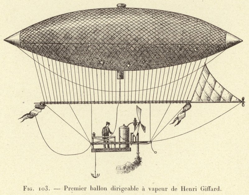 First Steam-Powered Airship by Henri Giffard (engraving) by French School