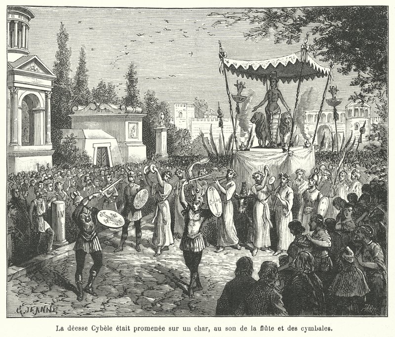 Procession of the chariot of the Roman goddess Cybele, preceded by pipers and cymbal players by French School