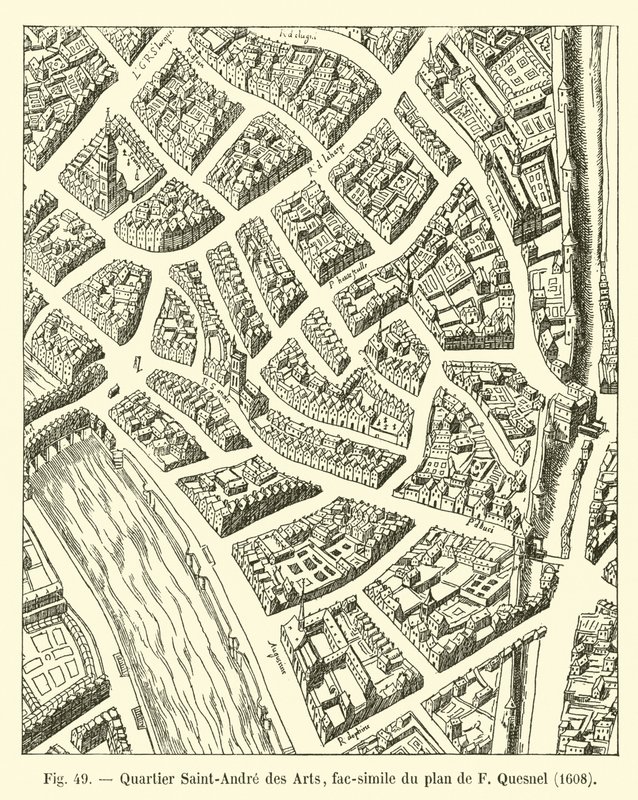 Saint-Andre des Arts Quarter, Facsimile of the Plan by F. Quesnel, 1608 by French School