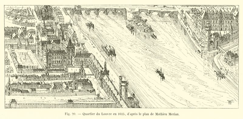 Louvre district in 1615, after the plan by Mathieu Merian by French School