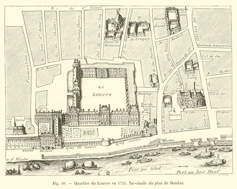Louvre district in 1714, facsimile of the plan by Boudan by French School