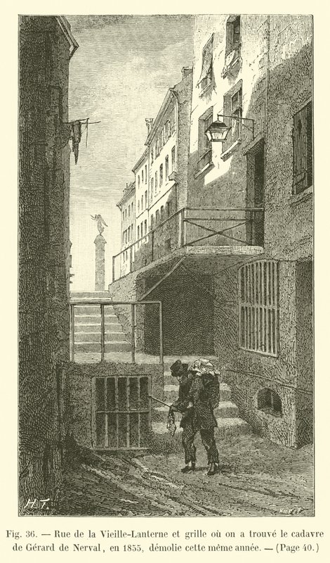 Rue de la Vieille-Lanterne and gate where the body of Gerard de Nerval was found in 1855, demolished that same year by French School