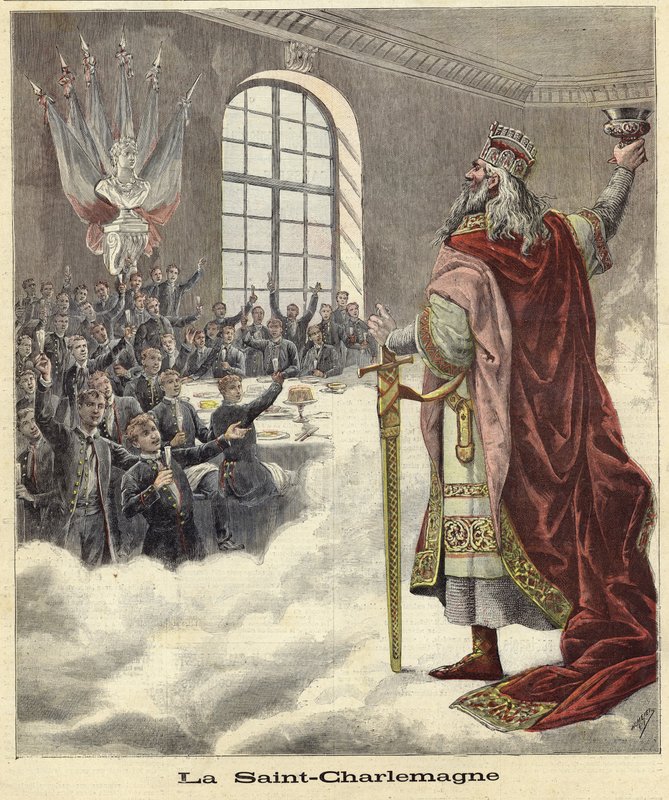 Saint Charlemagne raising a chalice to seated diners by French School