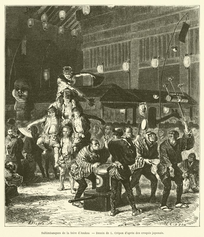 Acrobats of the Asakusa Fair (engraving) by French School
