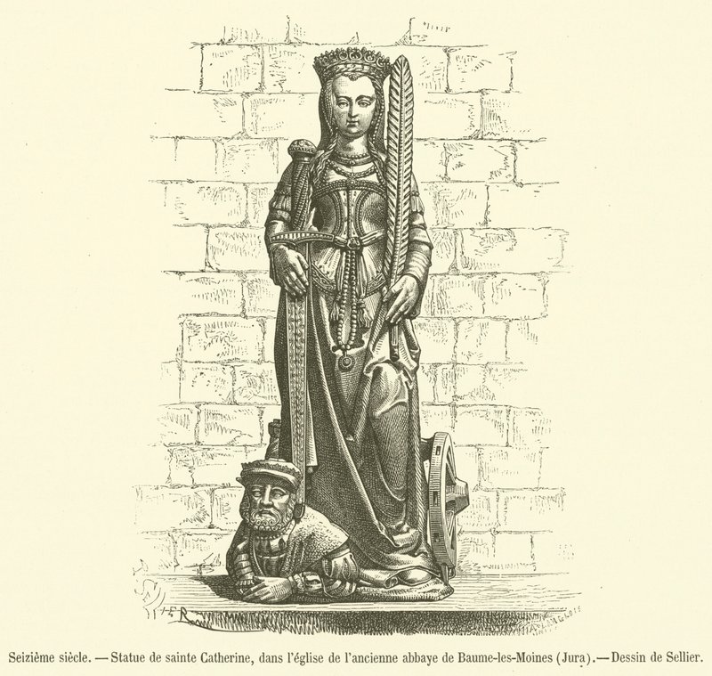 16th century, Statue of Saint Catherine, in the church of the former abbey of Baume-les-Moines, Jura (engraving) by French School