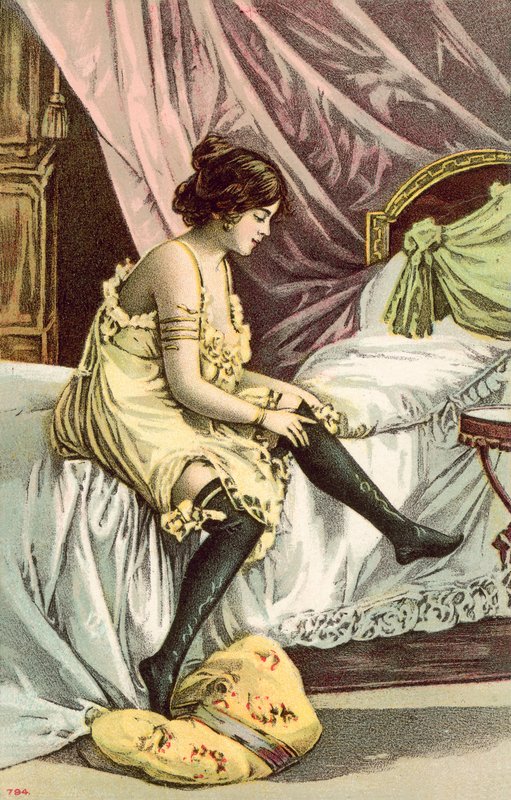 Semi-clad girl, sitting on bed, adjusting her stockings by French School