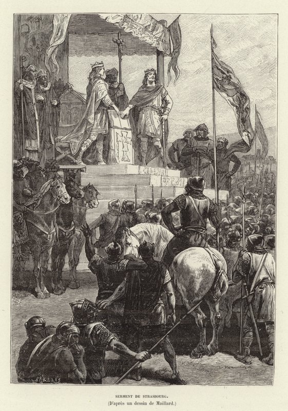 Oaths of Strasbourg, the alliance between Louis the German and Charles the Bald, Kings of East and West Francia, 842 by French School