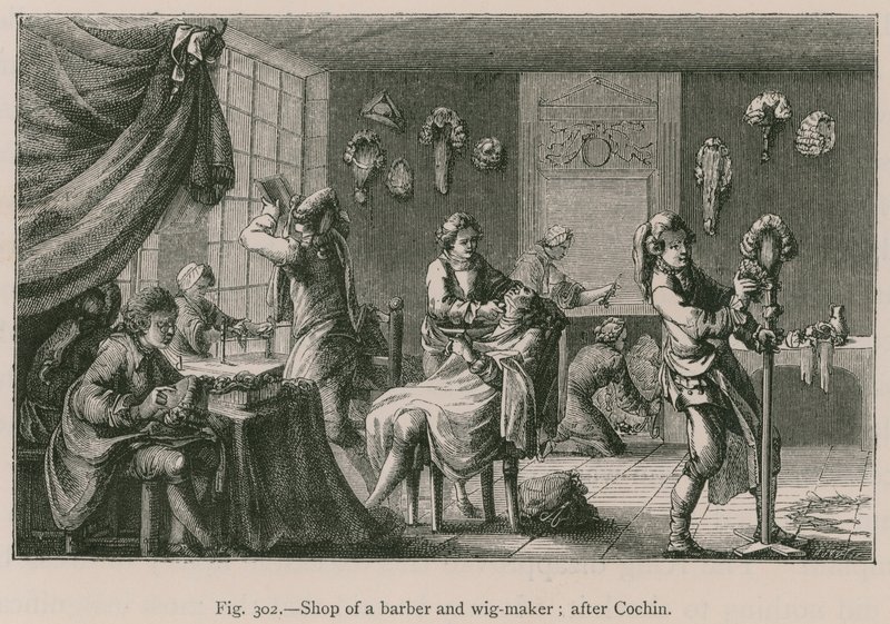 Shop of a Barber and Wig-Maker; after Cochin by French School