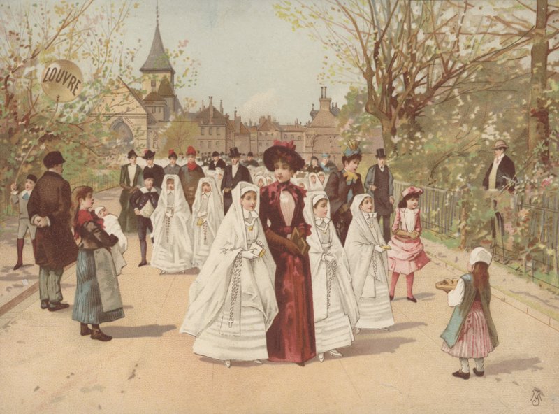 Street scene with girls wearing Confirmation dresses by French School
