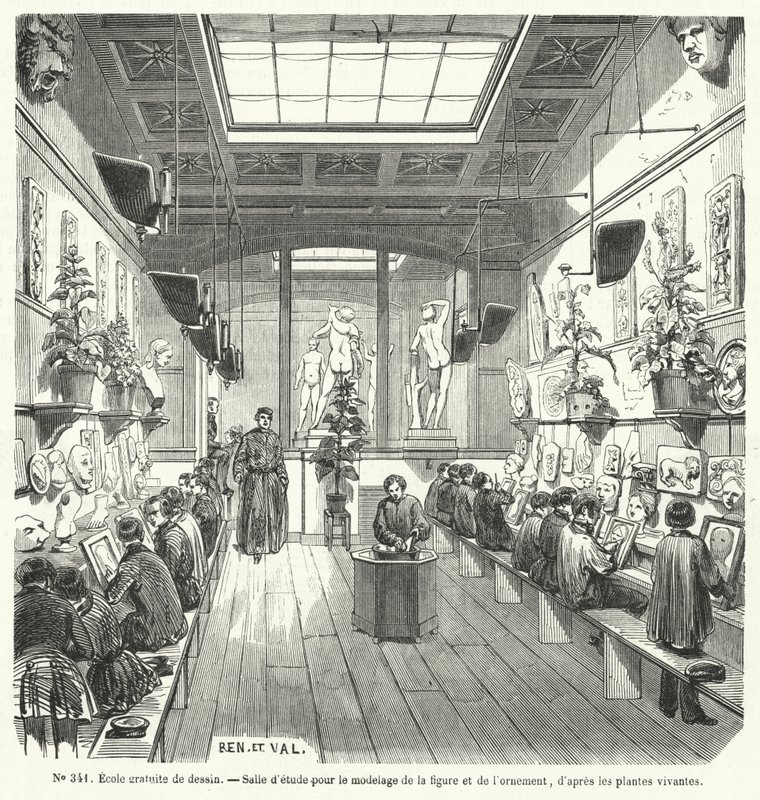 Students in a class in a free school of drawing, France by French School