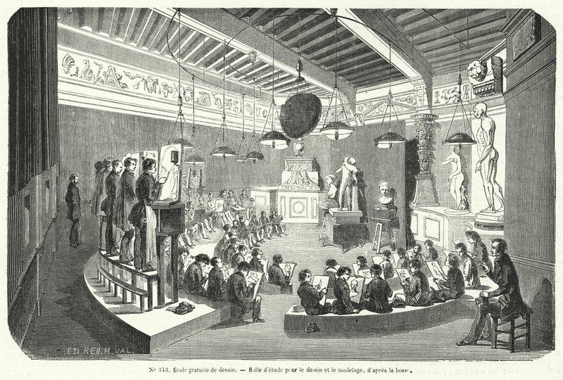 Students in a Class in a Free School of Drawing, France (engraving) by French School