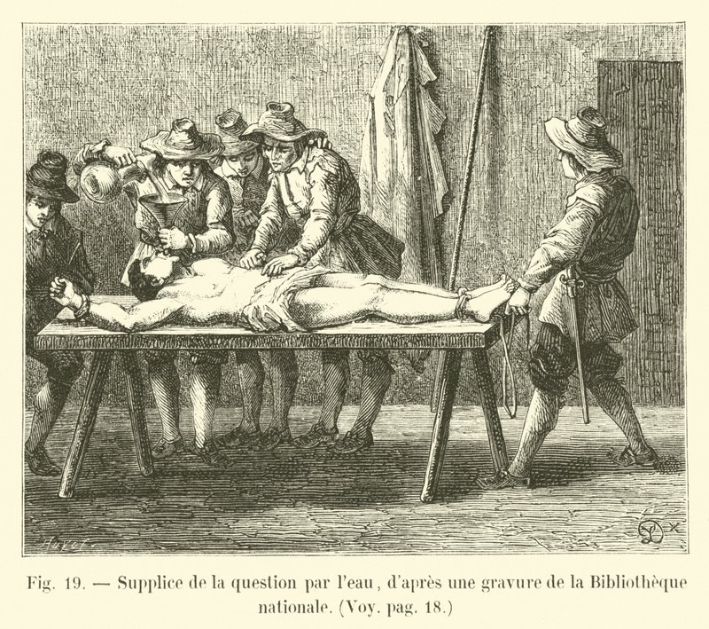 Torture of the water question, after an engraving from the National Library by French School