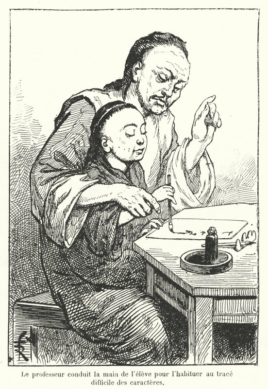Teacher guiding the hand of a student learning to write Chinese characters by French School
