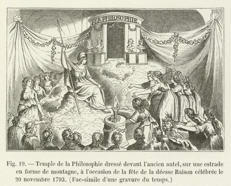 Temple of Philosophy Erected in Front of the Former Altar, on a Platform in the Shape of a Mountain, on the Occasion of the Festival of the Goddess Reason Celebrated on November 20, 1793, Facsimile of an Engraving of the Time by French School