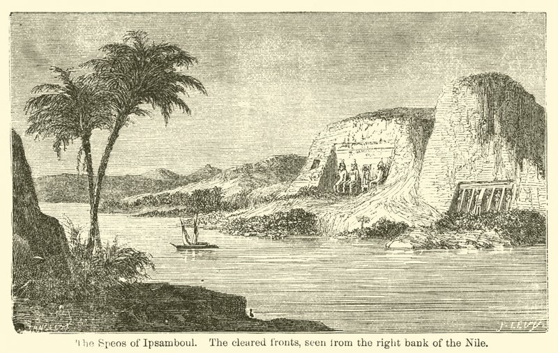 The Speos of Ipsamboul, the cleared fronts, seen from the right bank of the Nile by French School
