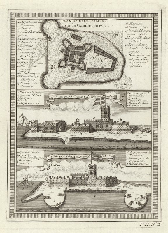 Three Views of Fort James in Gambia by French School