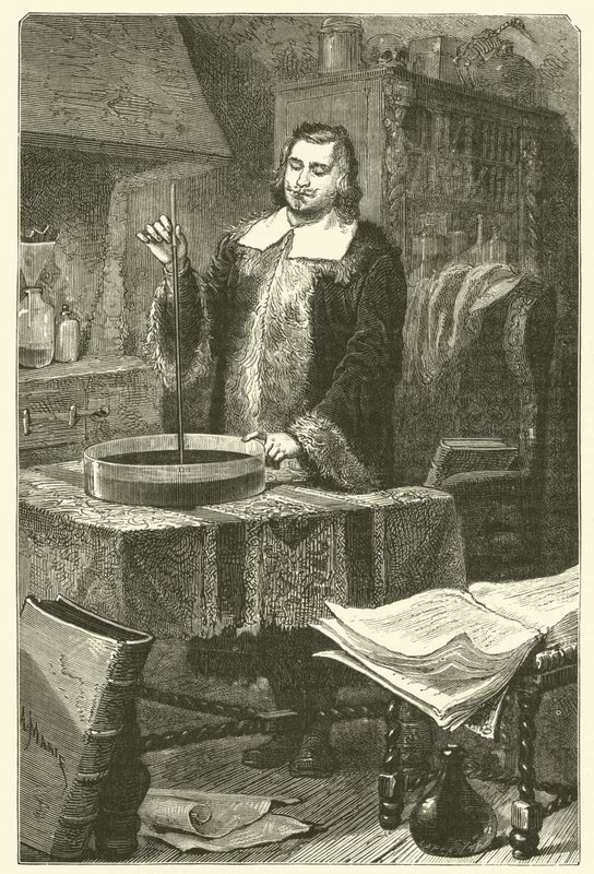 Torricelli inventing the barometer by French School