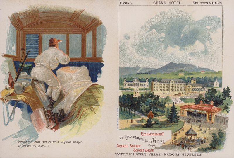 Trade card advertising the French spa resort of Vittel by French School