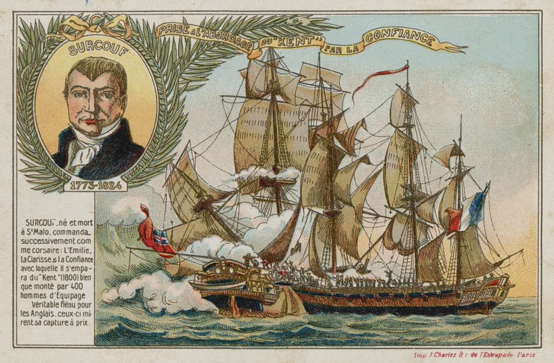 Trade card with an image depicting the capture of the East Indiaman Kent by the Confiance by French School
