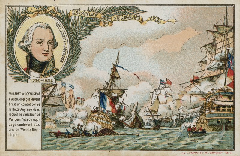 Trade card with an image depicting the ship Vengeur du Peuple by French School