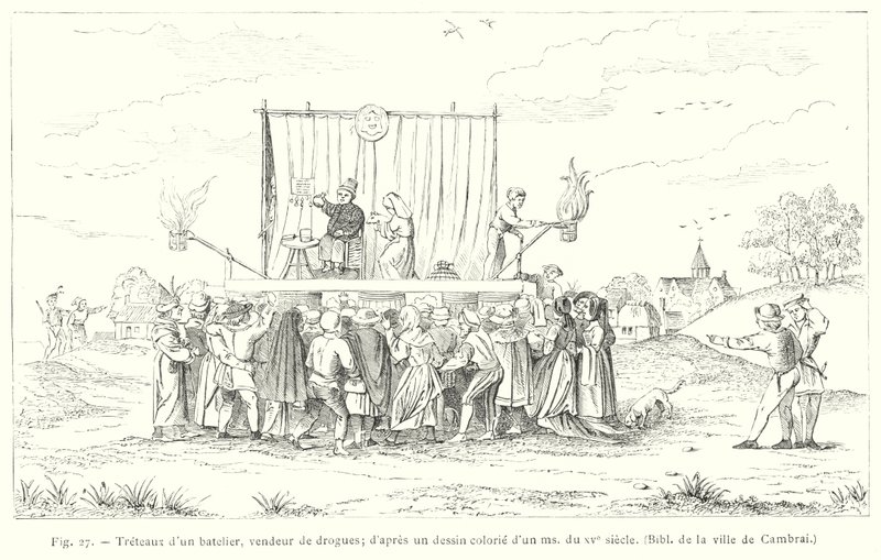 Bühne eines Bootsmanns, Drogenverkäufer, nach einer kolorierten Zeichnung eines Manuskripts aus dem 15. Jahrhundert (Stich) von French School