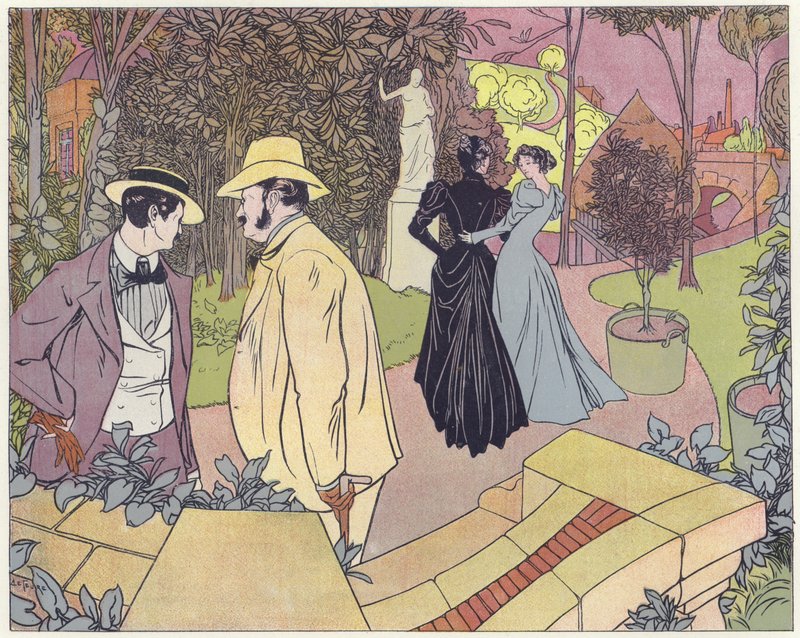 Two Men Stand in Conversation as Two Women Walk in a Garden by French School