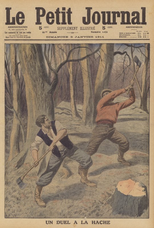 Two Woodcutters Fighting with Axes by French School