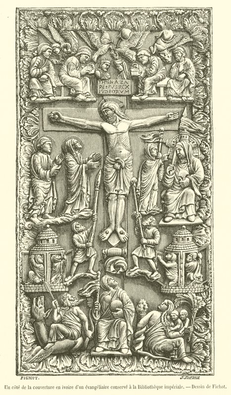 One side of the ivory cover of a gospel book kept at the Imperial Library by French School