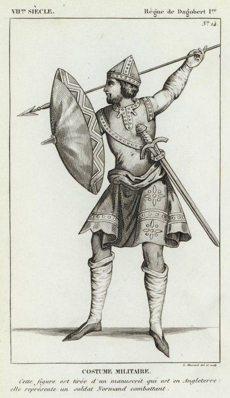 7th Century, Reign of Dagobert I, Military Costume (engraving) by French School