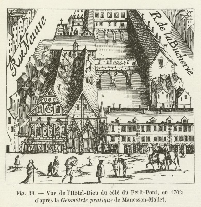 View of the Hotel-Dieu from the Petit-Pont side, in 1702; after the Practical Geometry of Manesson-Mallet by French School