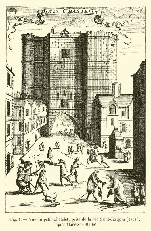 View of the Petit Chatelet, taken from rue Saint-Jacques, 1702, after Manesson Mallet by French School