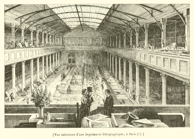 Interior View of a Lithographic Printing House in Paris (engraving) by French School