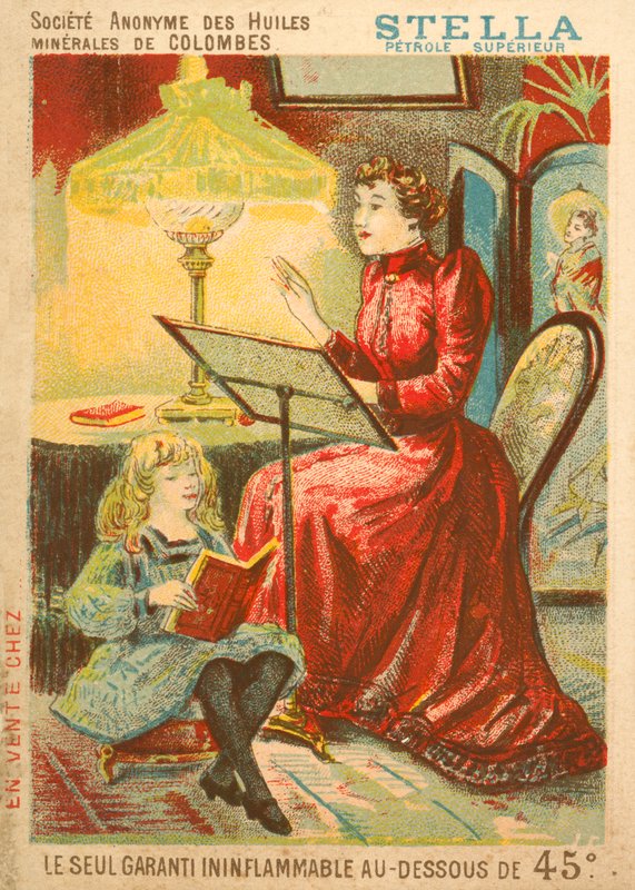 Woman and Child Reading by the Light of an Oil Lamp by French School