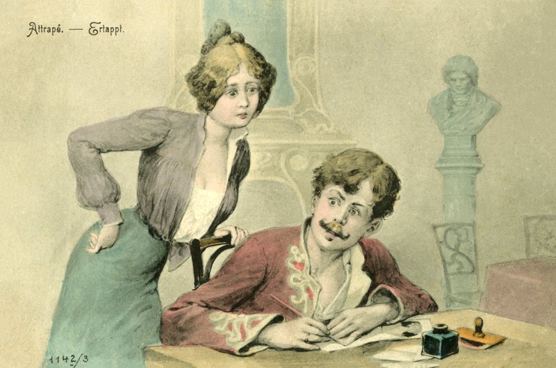 Woman catching a man writing a letter by French School
